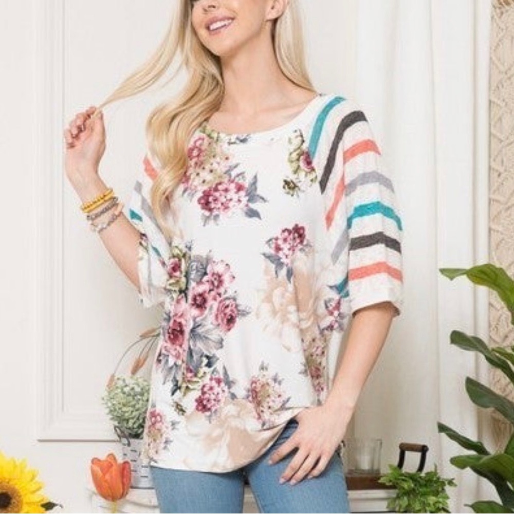 Celeste Top Floral Stripe Pattern Mix Contrast Large